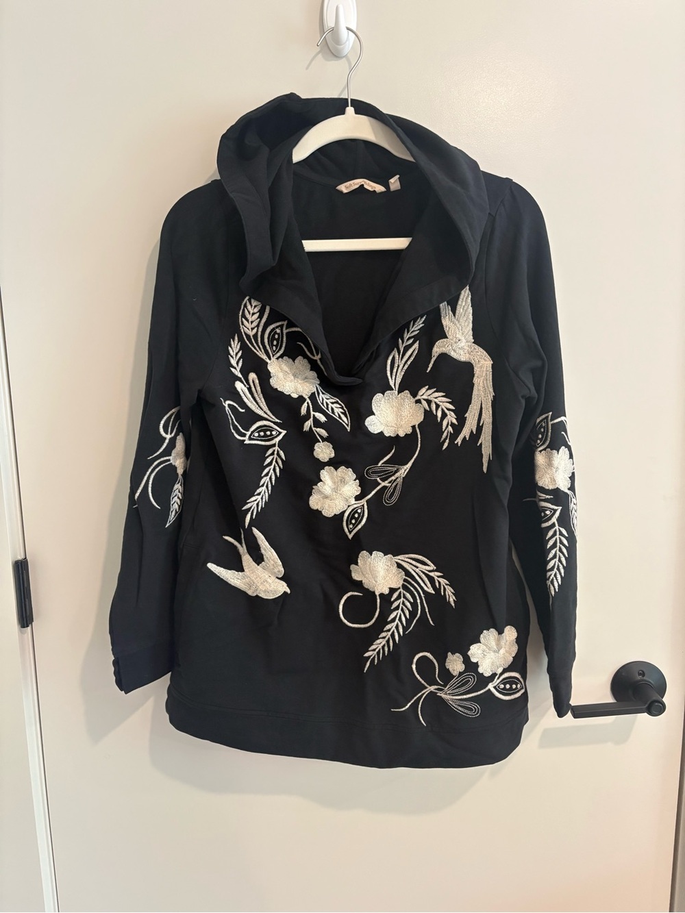 Soft Surroundings Miraflores Black Hoodie with White Floral & Bird Embroidery